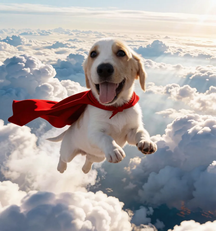 A dog in a red cape flying above the clouds, made by editing an ordinary photo with one sentence
