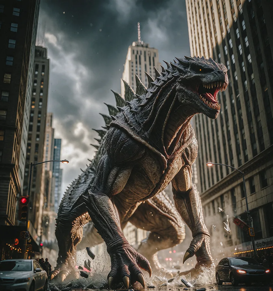 A giant armoured monster walking between skyscrapers in the rain