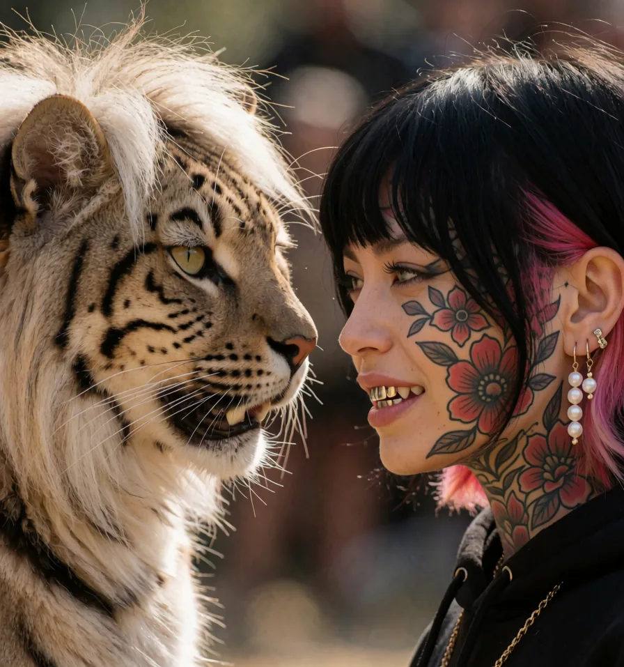 Photoreal portrait of a woman with a tattooed face beside a snow leopard
