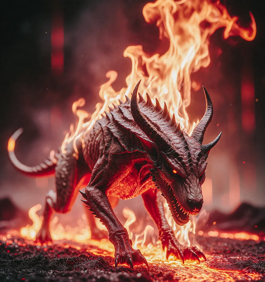 A horned beast made of fire, in a painted fantasy style