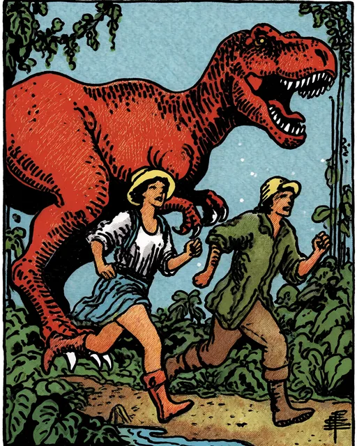 Tarot-card illustration of two explorers running from a red dinosaur